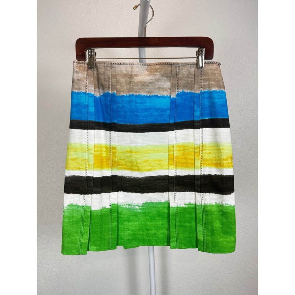 Per Se Multi Color Abstract Striped Pleated A-Line Skirt Artsy Green Blue